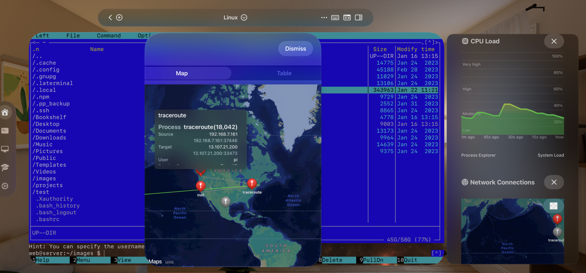 La Terminal showing a terminal session, resource monitor, and network monitor in Vision Pro