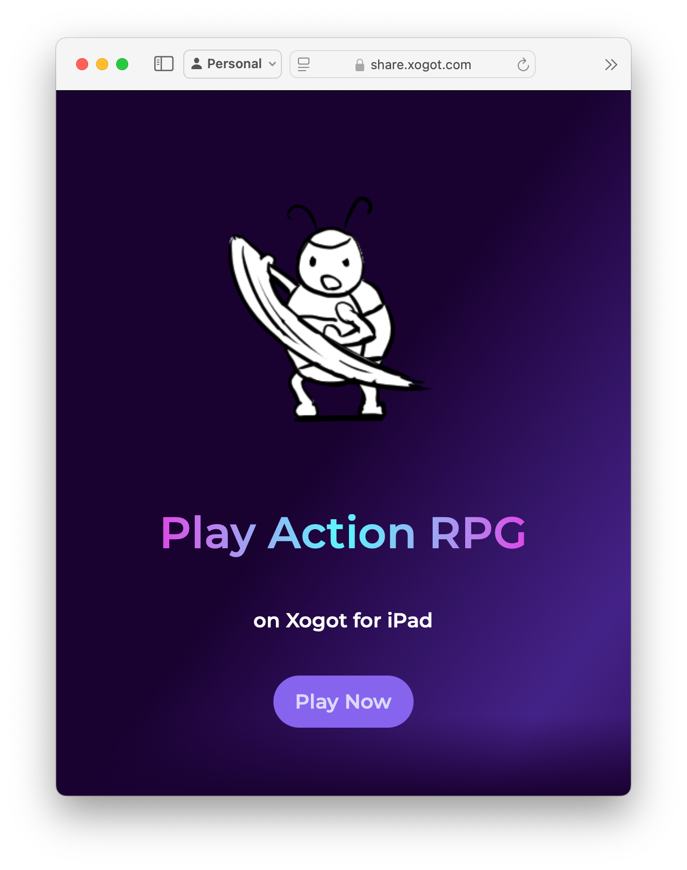 Screenshot of a shared game ("Action RPG") landing page in Safari on macOS