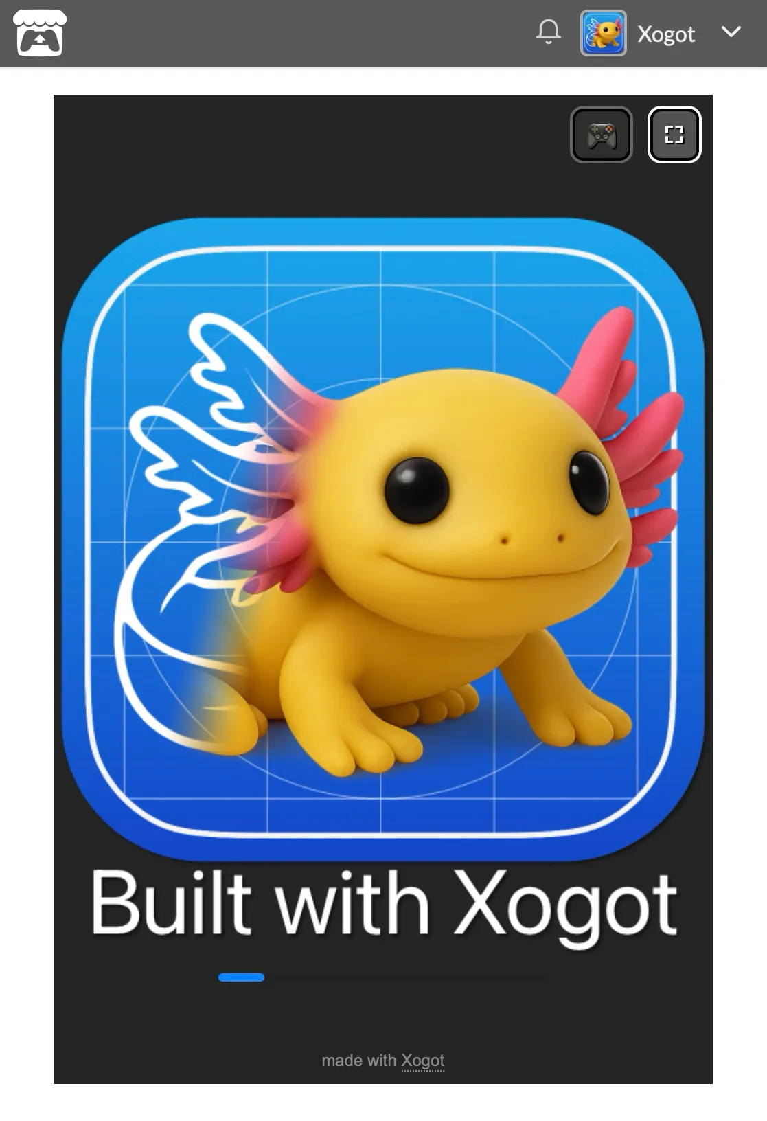 A game loading on itch. While loading, the Xogot axolotl app icon is shown with the text "Built with Xogot"