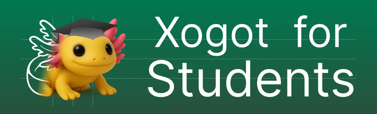 Xogot Axoltl sporting his graduation cap with in front of a chalkboard with the text "Xogot for Students"